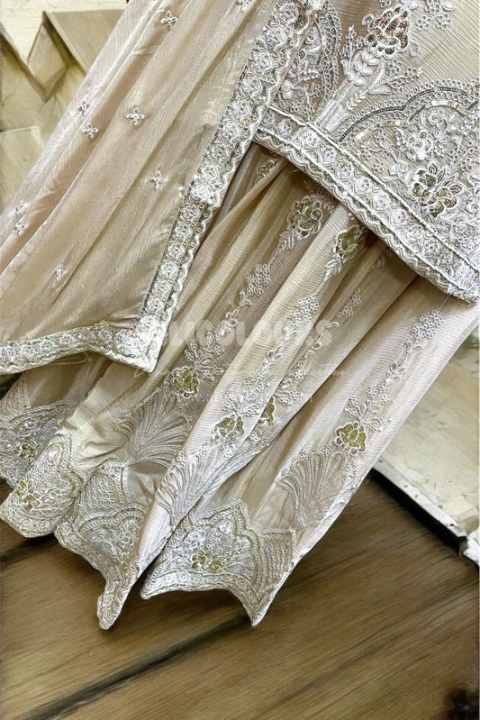 OFF WHITE HEAVY ZARI EMBROIDERED FULLY STITCHED SHARARA SET