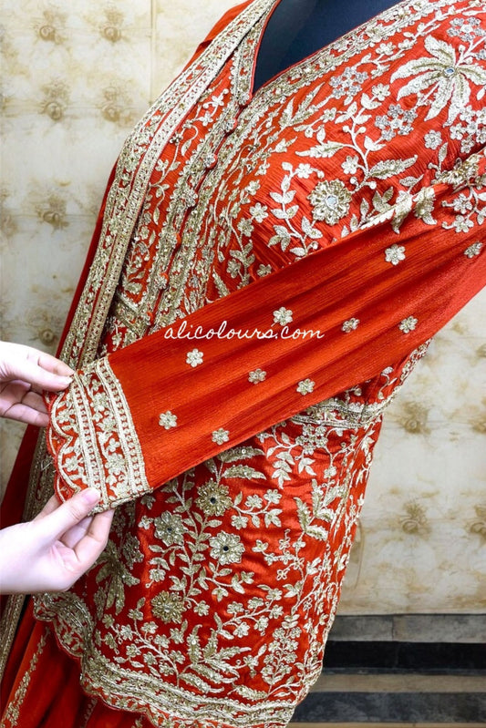 VIVID ORANGE DESIGNER HEAVY EMBROIDERED STITCHED SHARARA SUIT