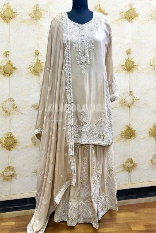 OFF WHITE HEAVY ZARI EMBROIDERED FULLY STITCHED SHARARA SET
