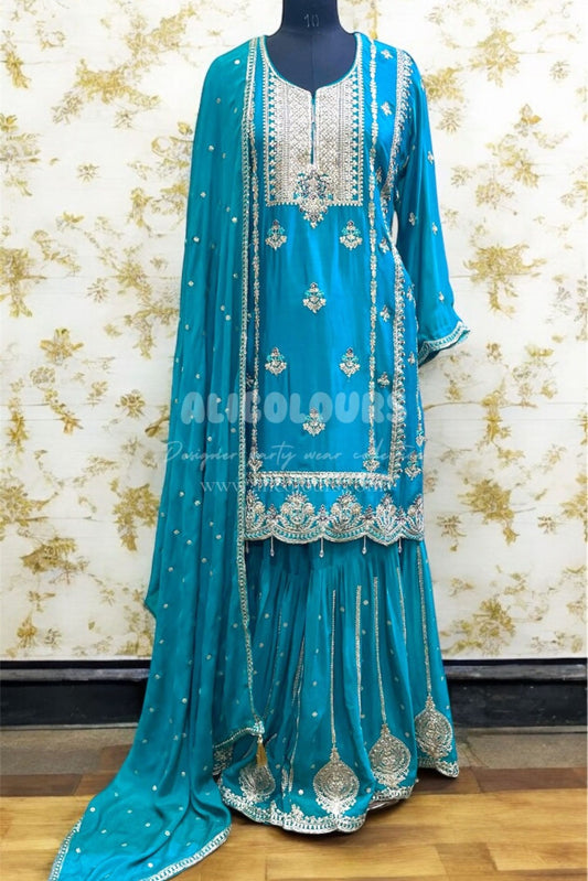 TRUE BLUE DESIGNER HEAVY EMBROIDERED STITCHED SHARARA SUIT