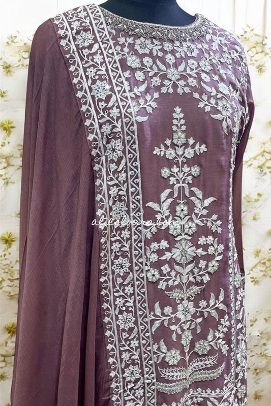LIGHT PINKISH PURPLE HEAVY EMBROIDERED STITCHED SHARARA SUIT