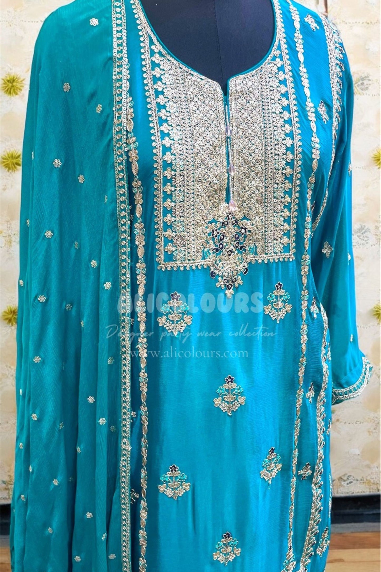 TRUE BLUE DESIGNER HEAVY EMBROIDERED STITCHED SHARARA SUIT