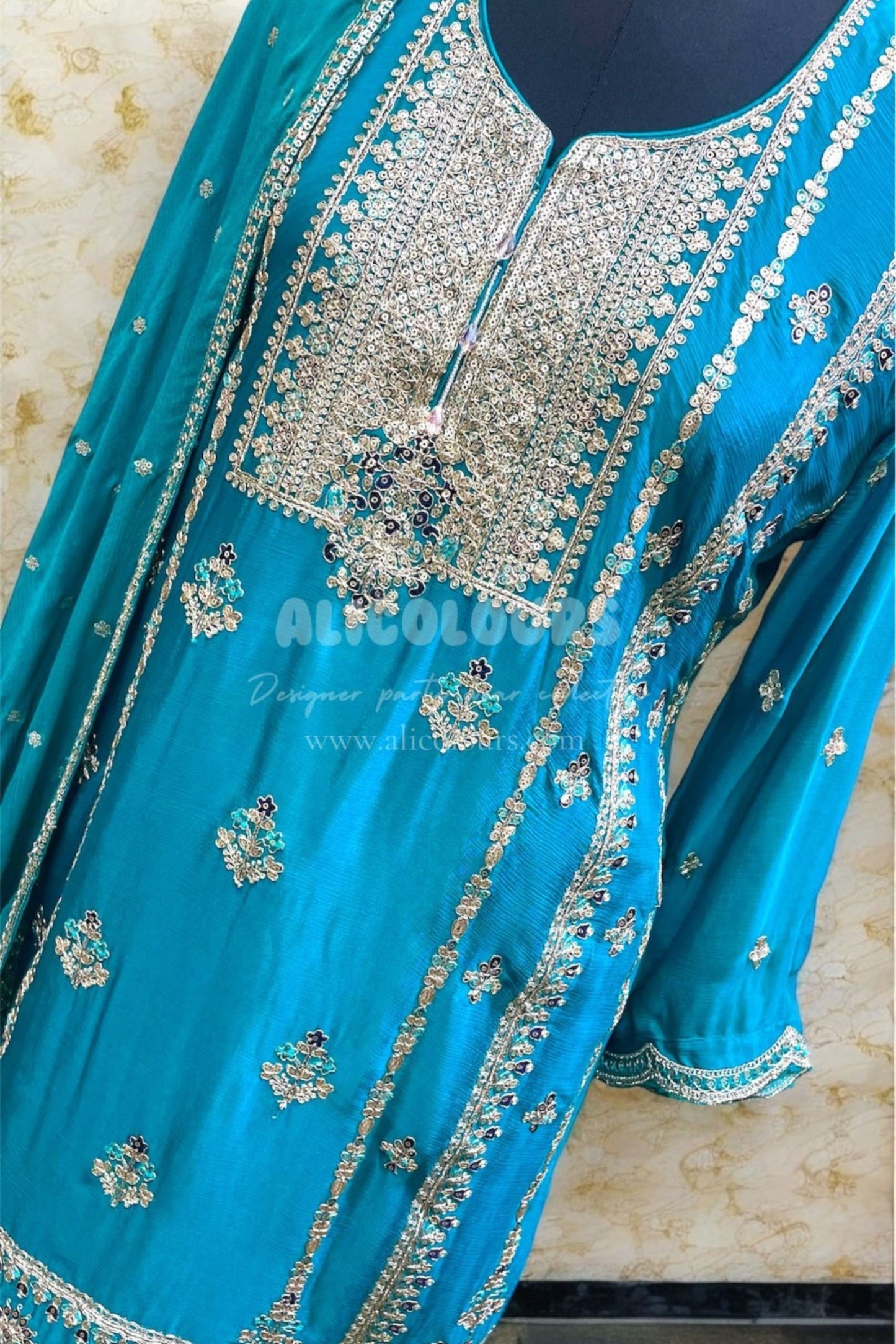 TRUE BLUE DESIGNER HEAVY EMBROIDERED STITCHED SHARARA SUIT