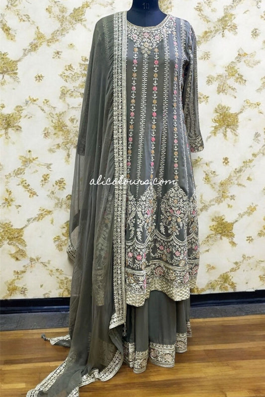 FULLY EMBROIDERED STITCHED BONSAI GREEN LONG GHARARA SET