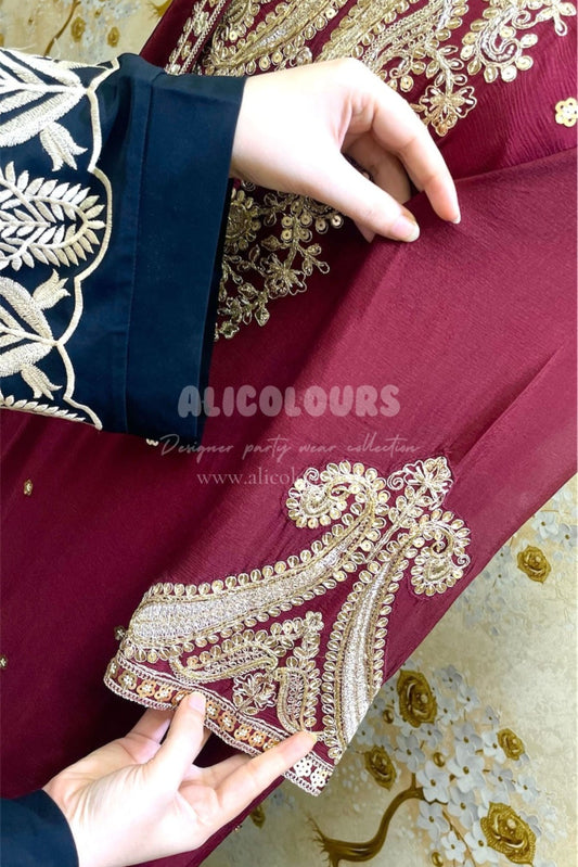 ROYAL MAROON DESIGNER HEAVY EMBROIDERED STITCHED SHARARA SUIT