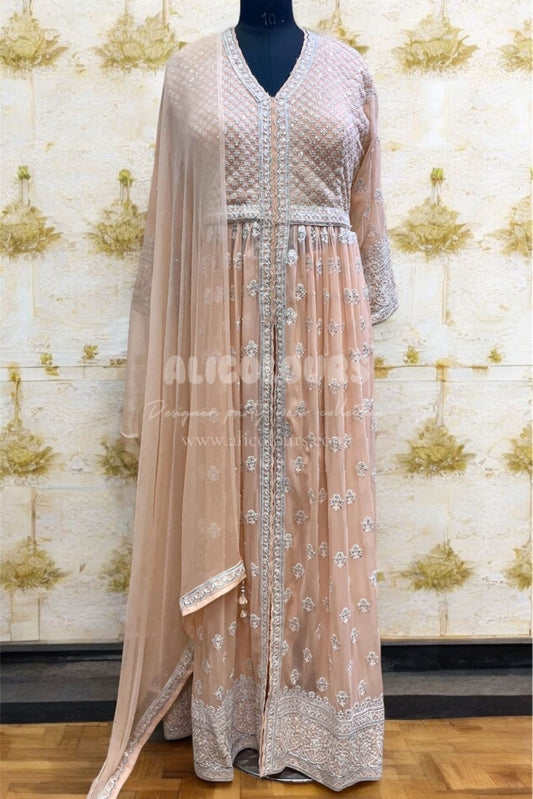 PASTEL PEACH EMBROIDERED & SEQUINS GOWN FLAPPER DRESS WITH DUPATTA