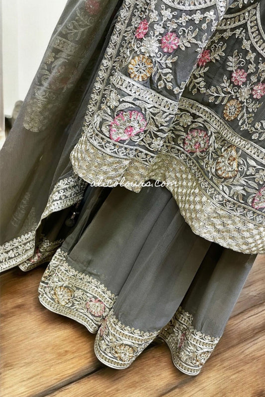 FULLY EMBROIDERED STITCHED BONSAI GREEN LONG GHARARA SET