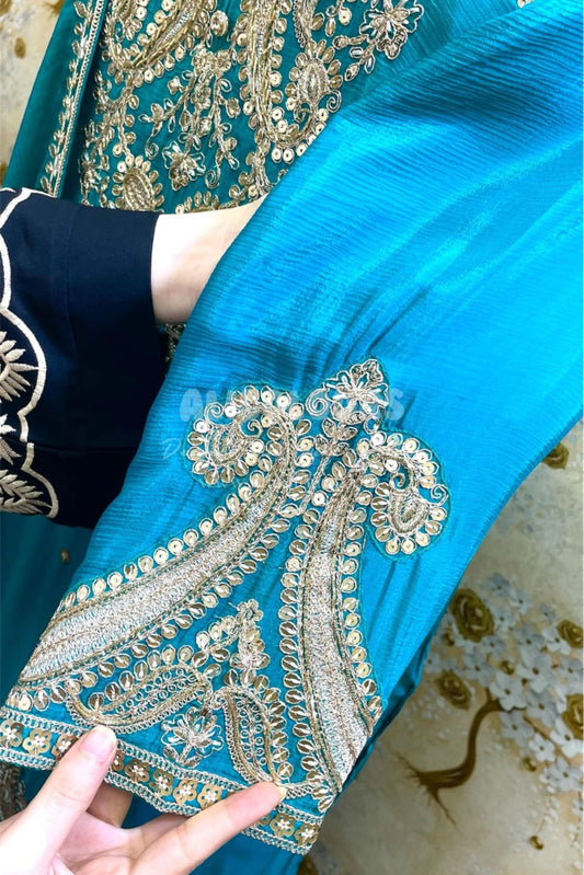 TRUE BLUE DESIGNER HEAVY EMBROIDERED STITCHED SHARARA SUIT