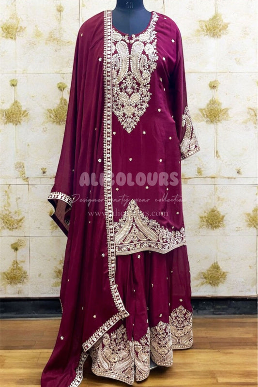 ROYAL MAROON DESIGNER HEAVY EMBROIDERED STITCHED SHARARA SUIT