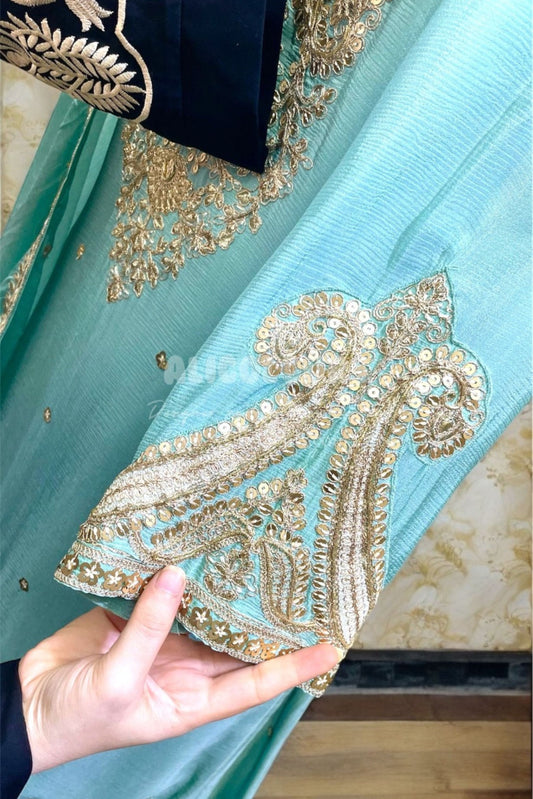 PASTEL BLUE DESIGNER HEAVY EMBROIDERED STITCHED SHARARA SUIT