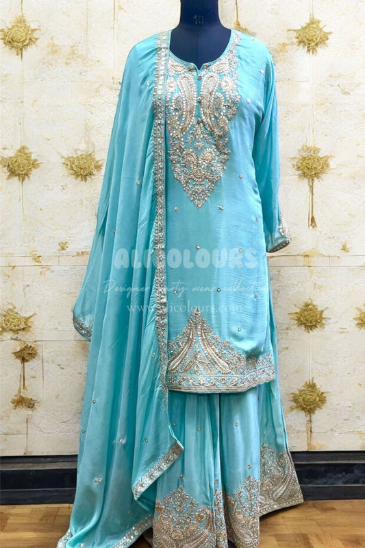 PASTEL BLUE DESIGNER HEAVY EMBROIDERED STITCHED SHARARA SUIT