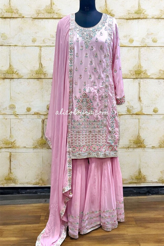 PASTEL PINK FULLY HEAVY EMBROIDERED STITCHED LONG GHARARA SET