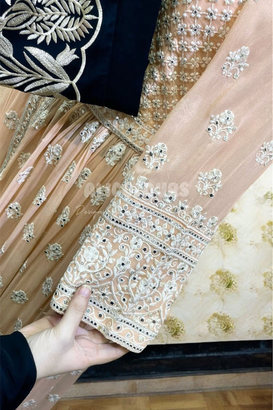 PASTEL PEACH EMBROIDERED & SEQUINS GOWN FLAPPER DRESS WITH DUPATTA
