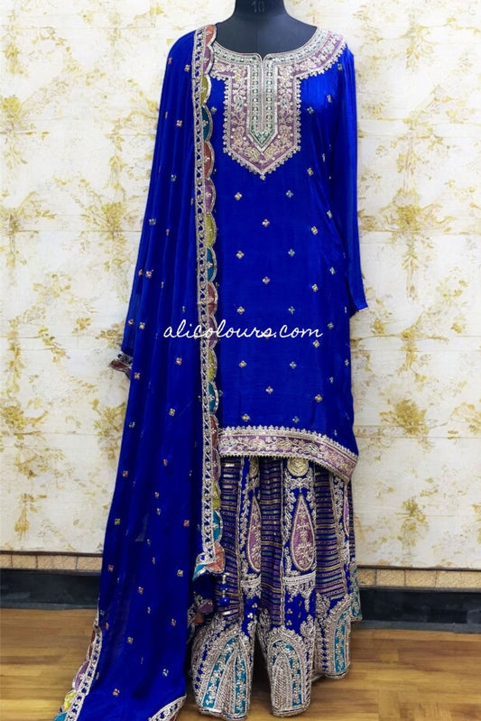 ROYAL BLUE HEAVY ZARI WORK FULLY STITCHED SHARARA SET