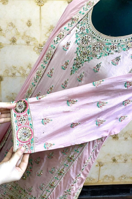 PASTEL PINK FULLY HEAVY EMBROIDERED STITCHED LONG GHARARA SET