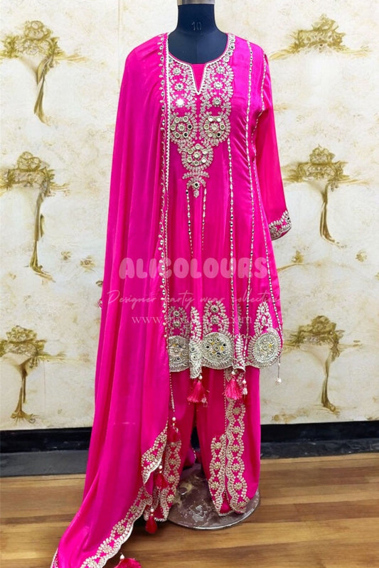 BRIGHT PINK HEAVY ELEGANT DHOTI STITCHED SUIT