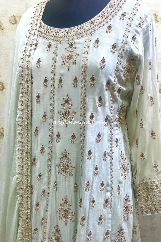 LUXURIOUS MINT GREEN FULLY EMBROIDERED STITCHED GHARARA SET