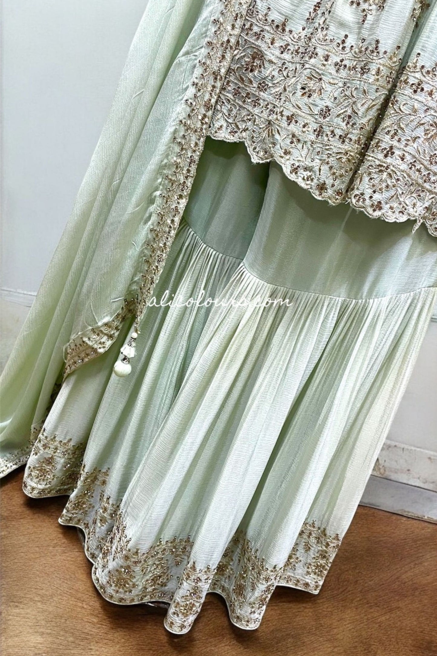LUXURIOUS MINT GREEN FULLY EMBROIDERED STITCHED GHARARA SET