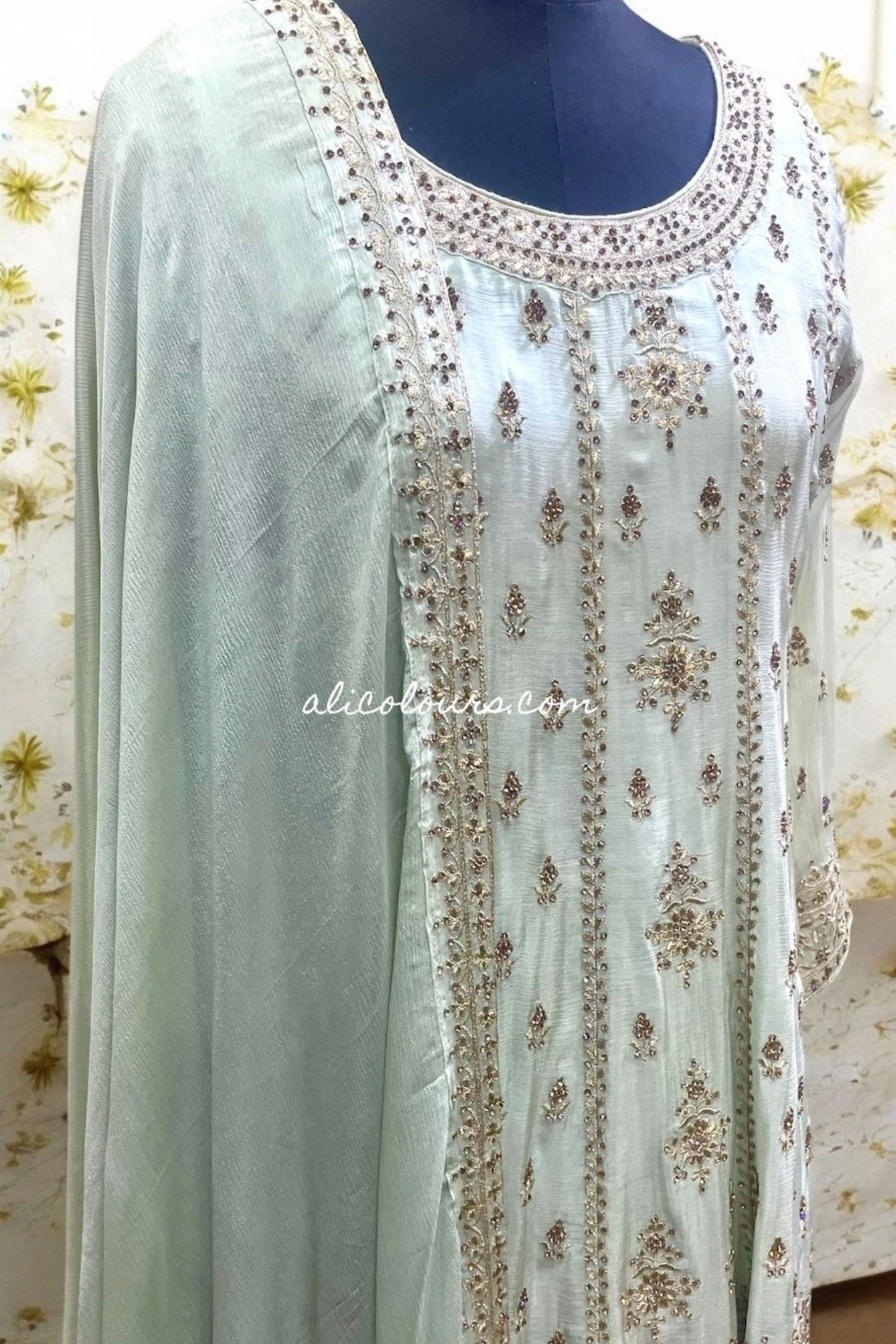LUXURIOUS MINT GREEN FULLY EMBROIDERED STITCHED GHARARA SET