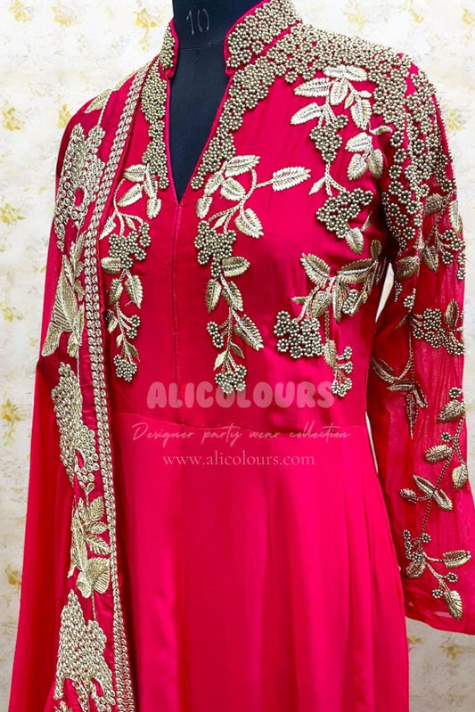 RUBY RED EMBROIDERED & SEQUINS GOWN DRESS WITH DUPATTA