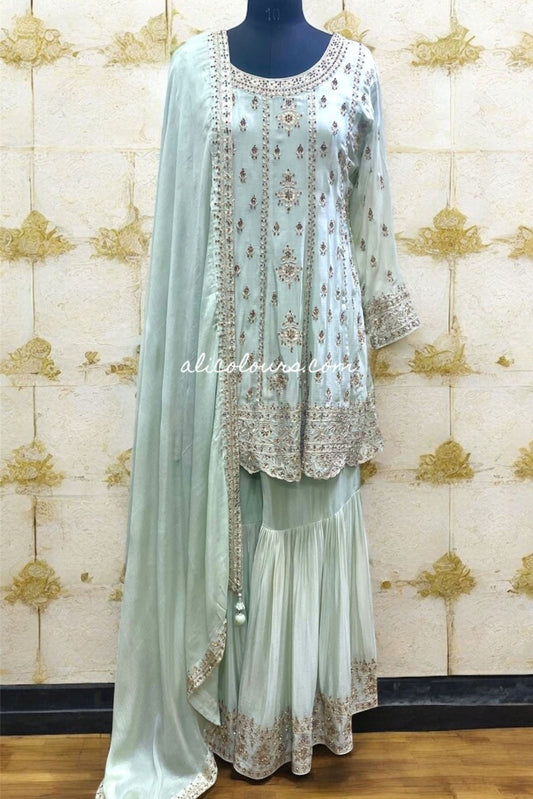 LUXURIOUS MINT GREEN FULLY EMBROIDERED STITCHED GHARARA SET