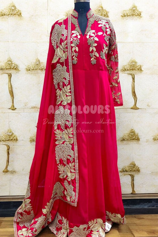 RUBY RED EMBROIDERED & SEQUINS GOWN DRESS WITH DUPATTA