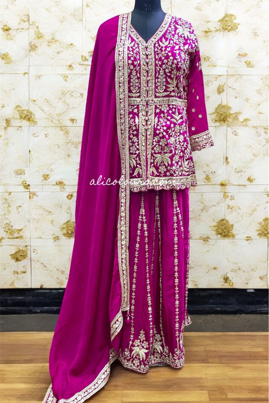 RASPBERRY PINK DESIGNER HEAVY EMBROIDERED STITCHED SHARARA SUIT