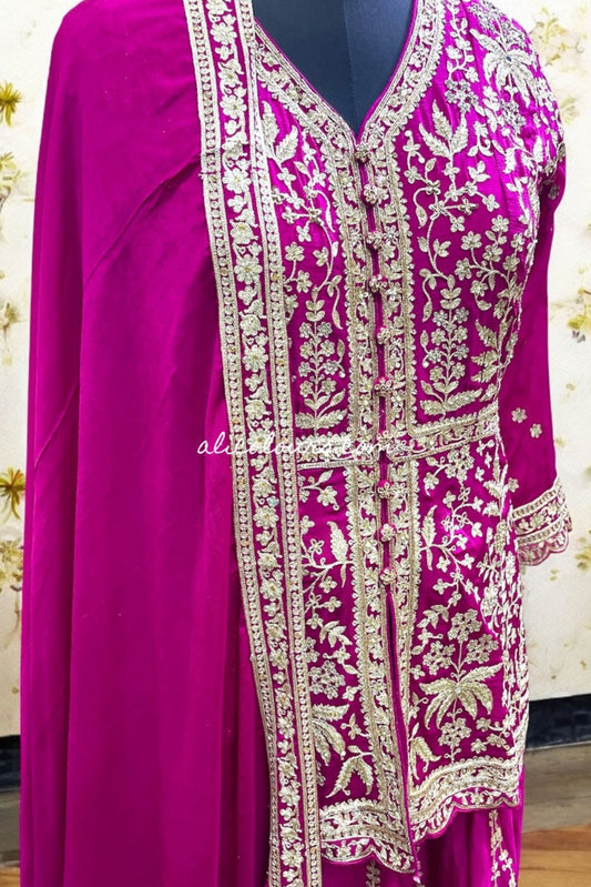 RASPBERRY PINK DESIGNER HEAVY EMBROIDERED STITCHED SHARARA SUIT