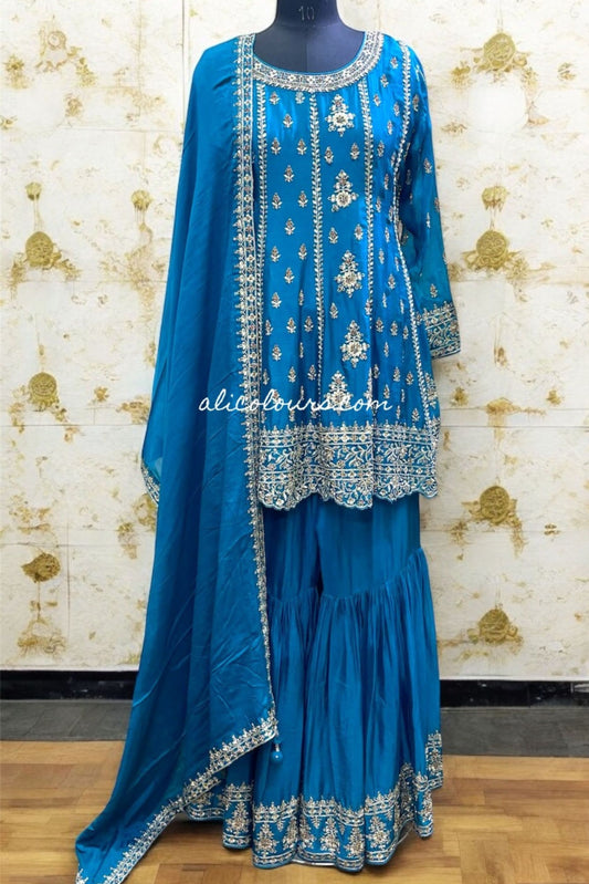 LUXURIOUS TEAL BLUE FULLY EMBROIDERED STITCHED GHARARA SET