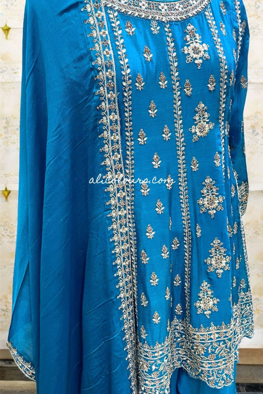 LUXURIOUS TEAL BLUE FULLY EMBROIDERED STITCHED GHARARA SET