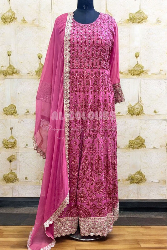 EMBROIDERED & SEQUINS GEORGETTE PINK GOWN DRESS WITH DUPATTA