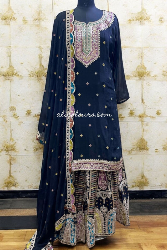 SABLE BLACK HEAVY ZARI WORK FULLY STITCHED SHARARA SET