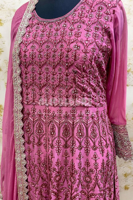 EMBROIDERED & SEQUINS GEORGETTE PINK GOWN DRESS WITH DUPATTA
