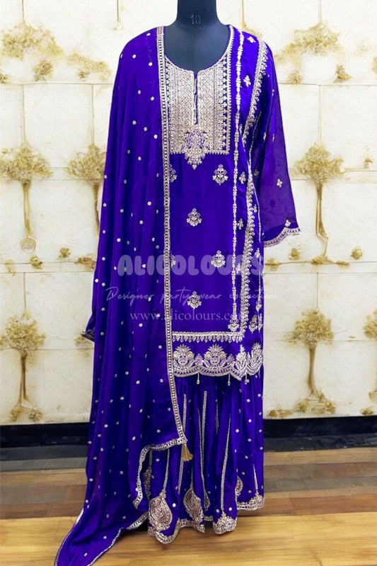 ROYAL BLUE HEAVY DESIGNER EMBROIDERED SHARARA SUIT
