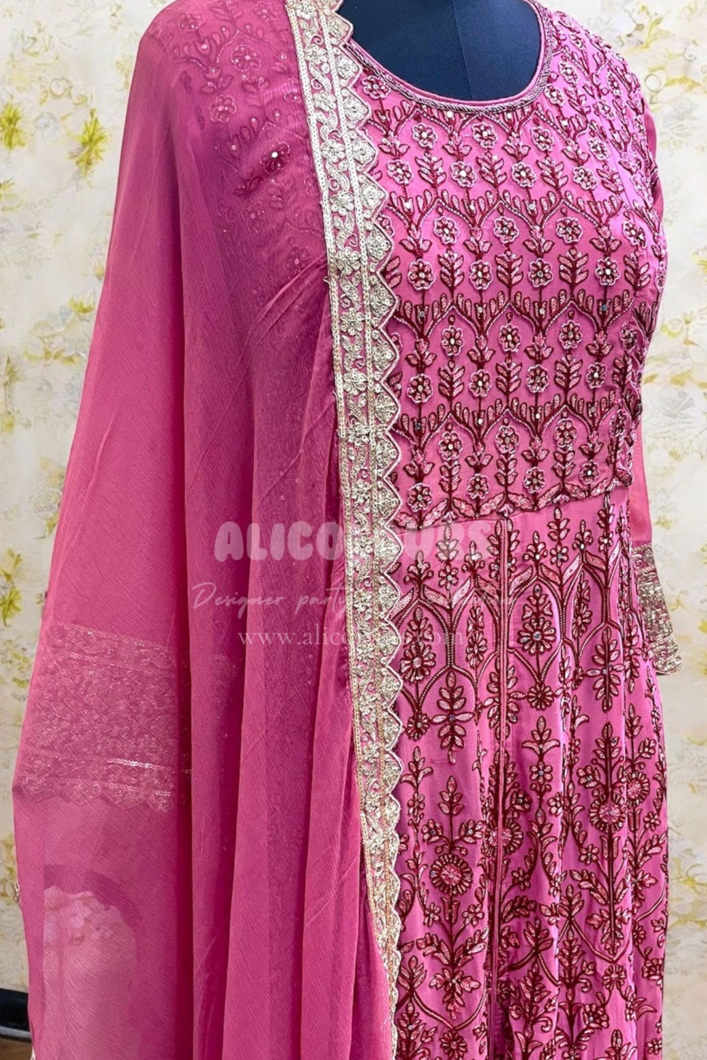 EMBROIDERED & SEQUINS GEORGETTE PINK GOWN DRESS WITH DUPATTA