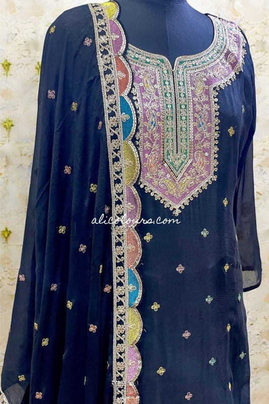 SABLE BLACK HEAVY ZARI WORK FULLY STITCHED SHARARA SET