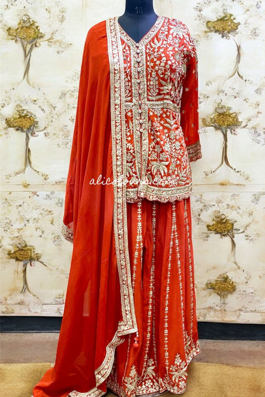 VIVID ORANGE DESIGNER HEAVY EMBROIDERED STITCHED SHARARA SUIT