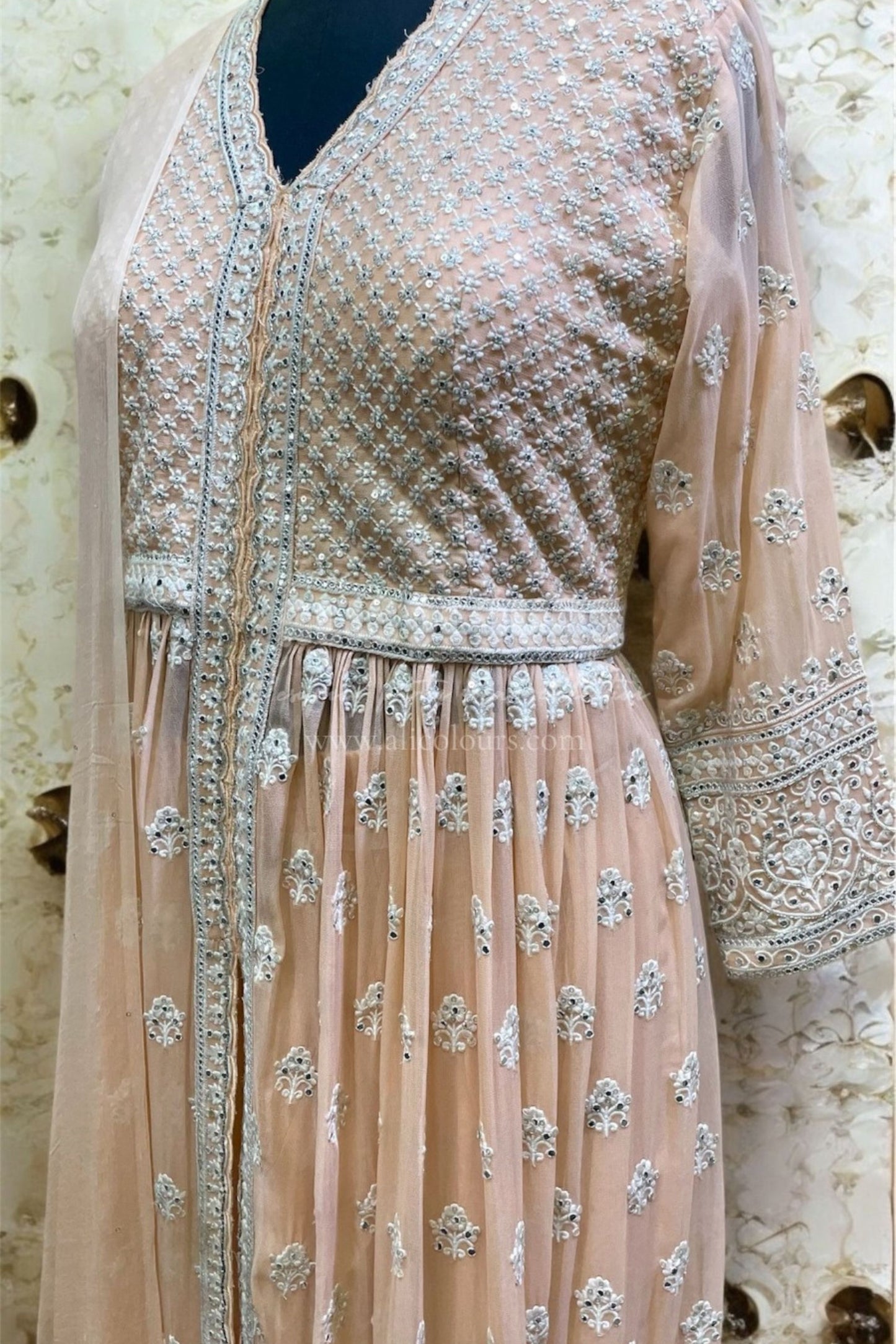 PASTEL PEACH EMBROIDERED & SEQUINS GOWN FLAPPER DRESS WITH DUPATTA