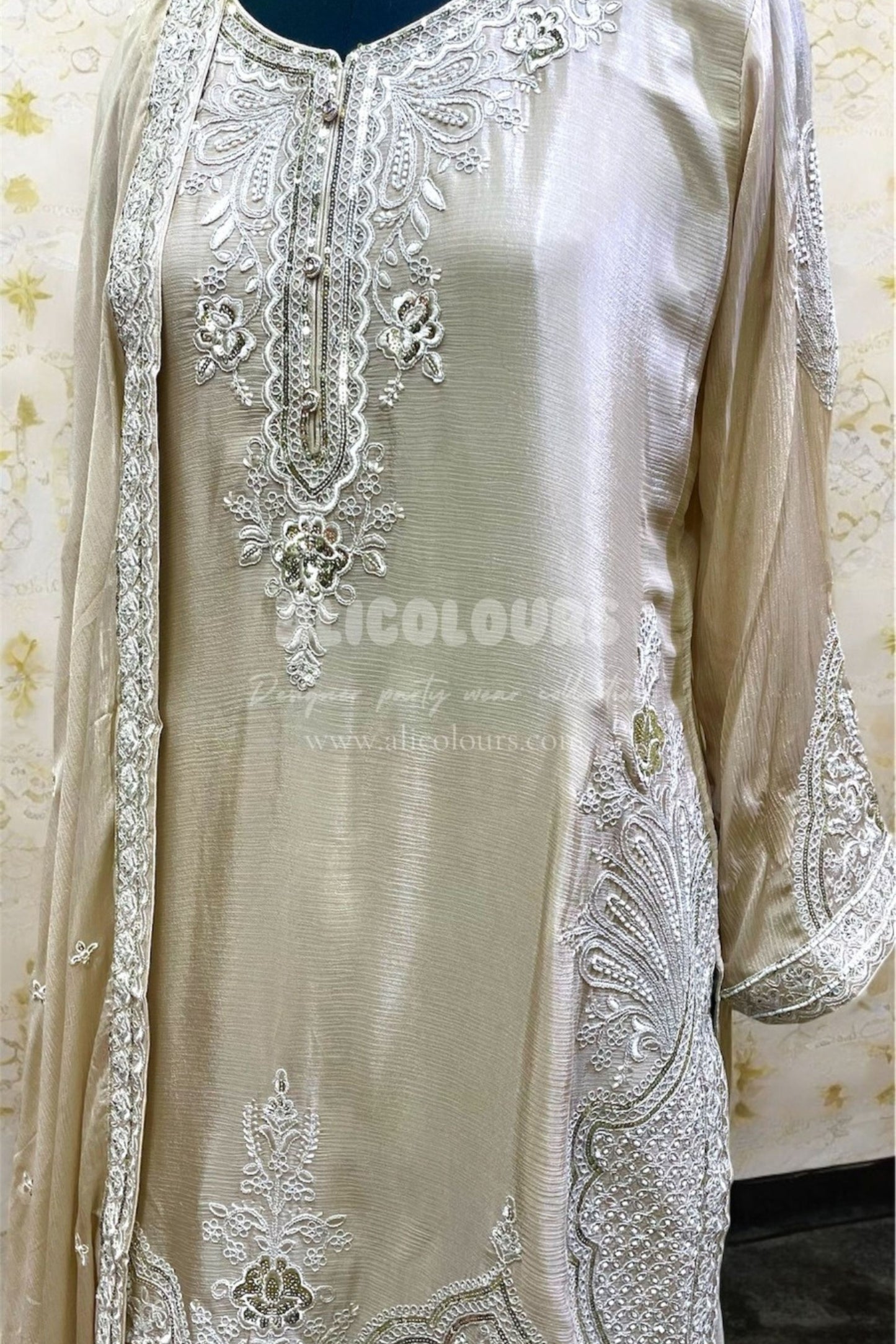OFF WHITE HEAVY ZARI EMBROIDERED FULLY STITCHED SHARARA SET