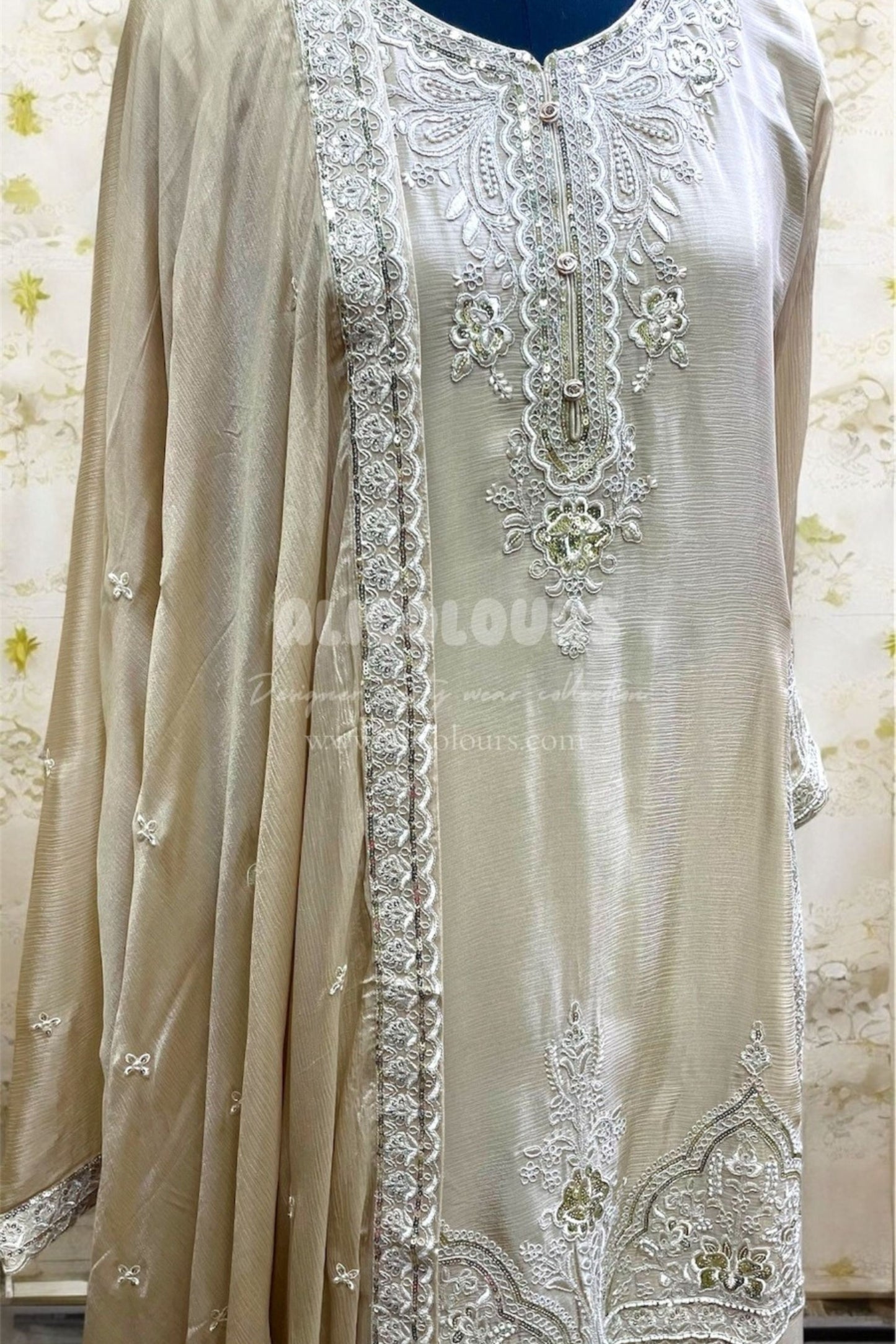 OFF WHITE HEAVY ZARI EMBROIDERED FULLY STITCHED SHARARA SET