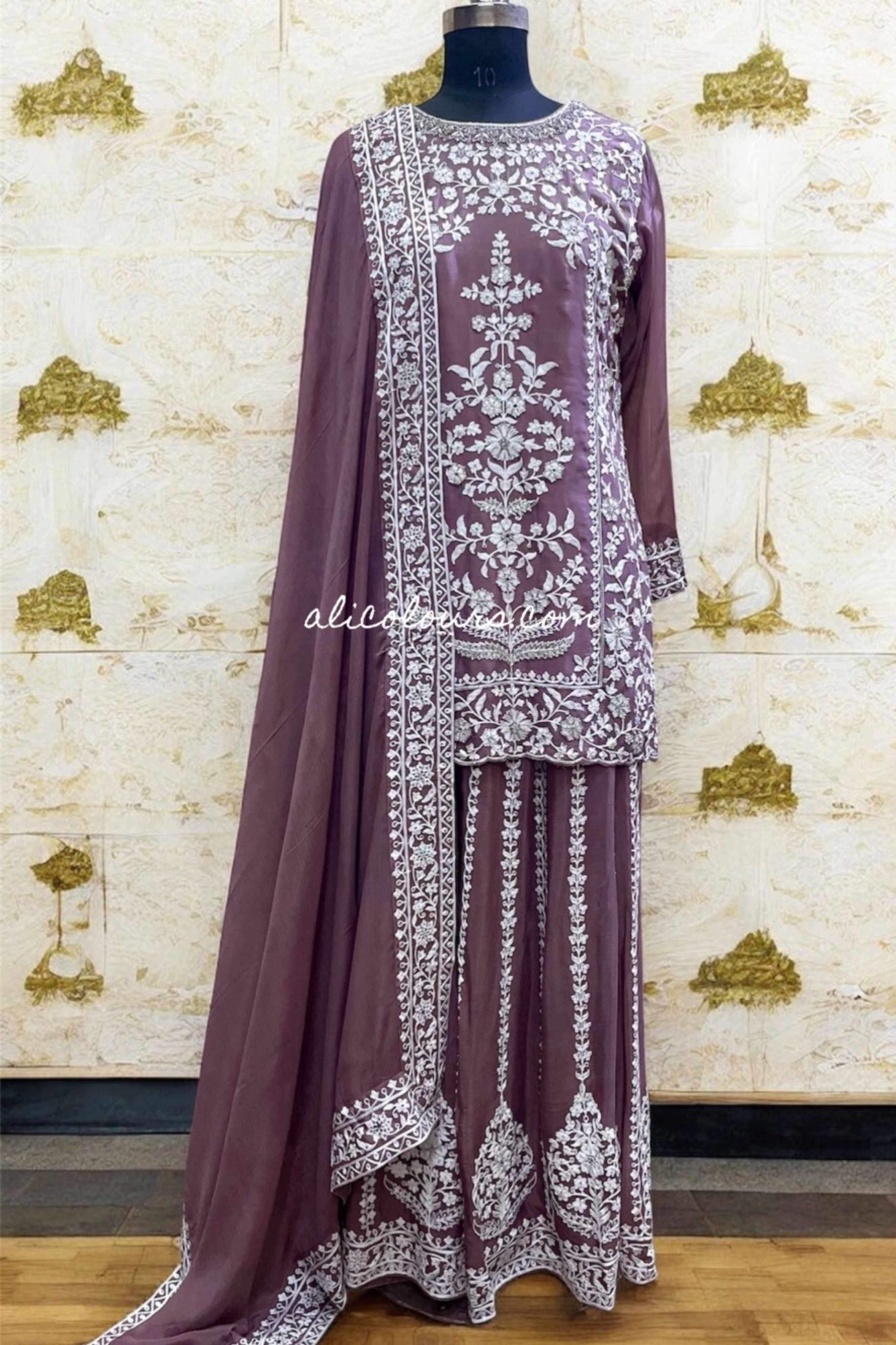 LIGHT PINKISH PURPLE HEAVY EMBROIDERED STITCHED SHARARA SUIT