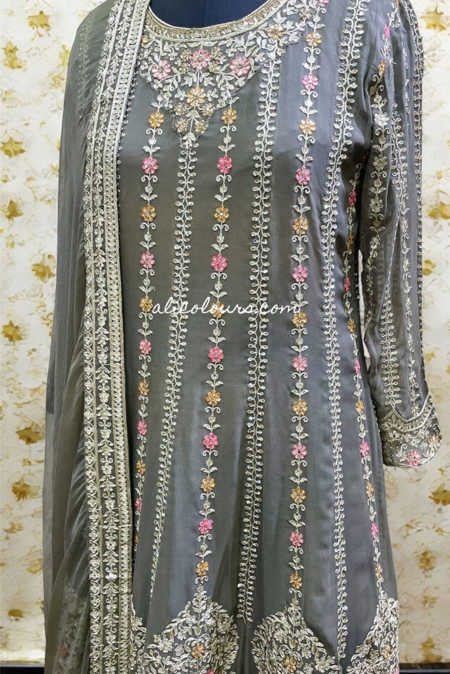 FULLY EMBROIDERED STITCHED BONSAI GREEN LONG GHARARA SET