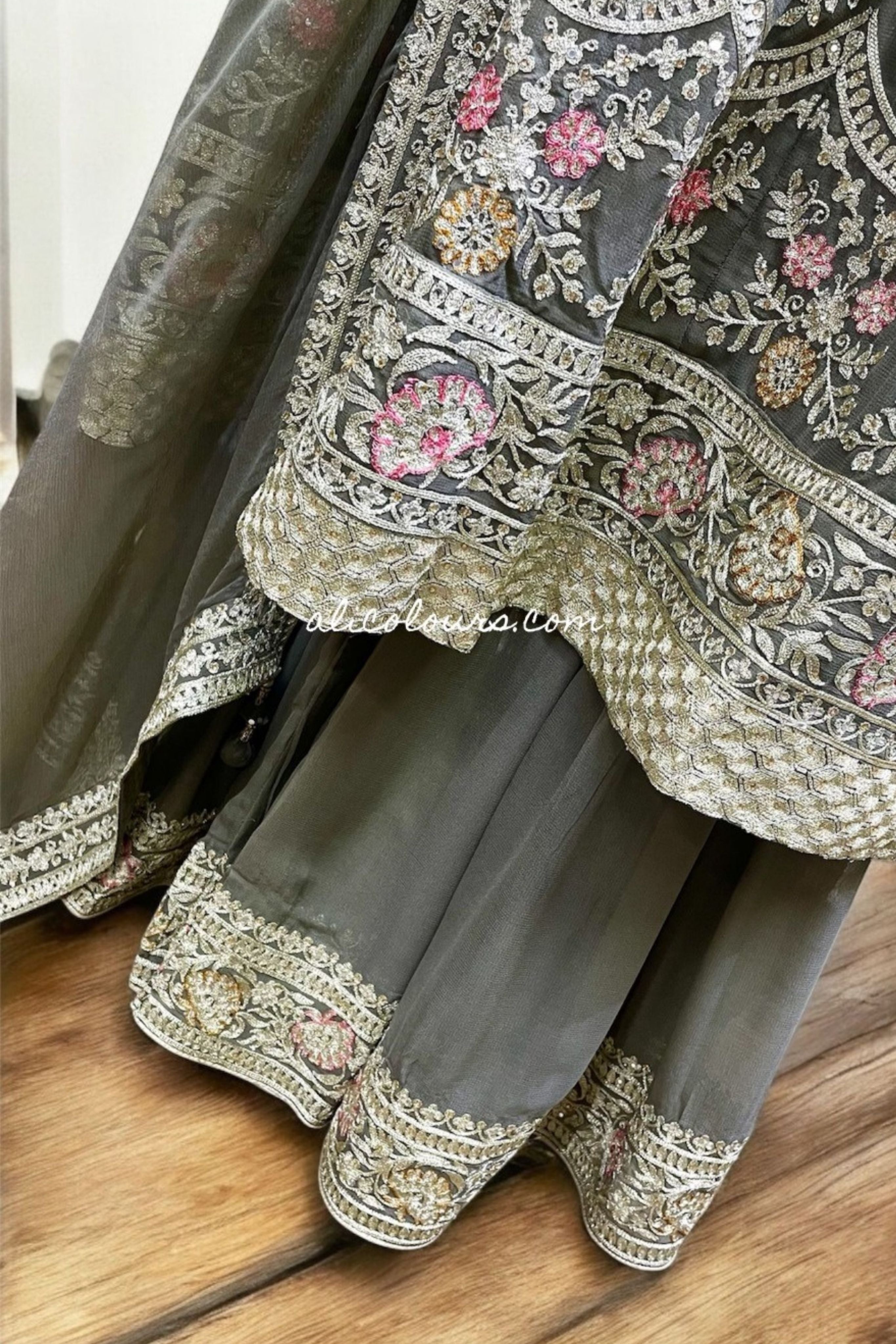FULLY EMBROIDERED STITCHED BONSAI GREEN LONG GHARARA SET