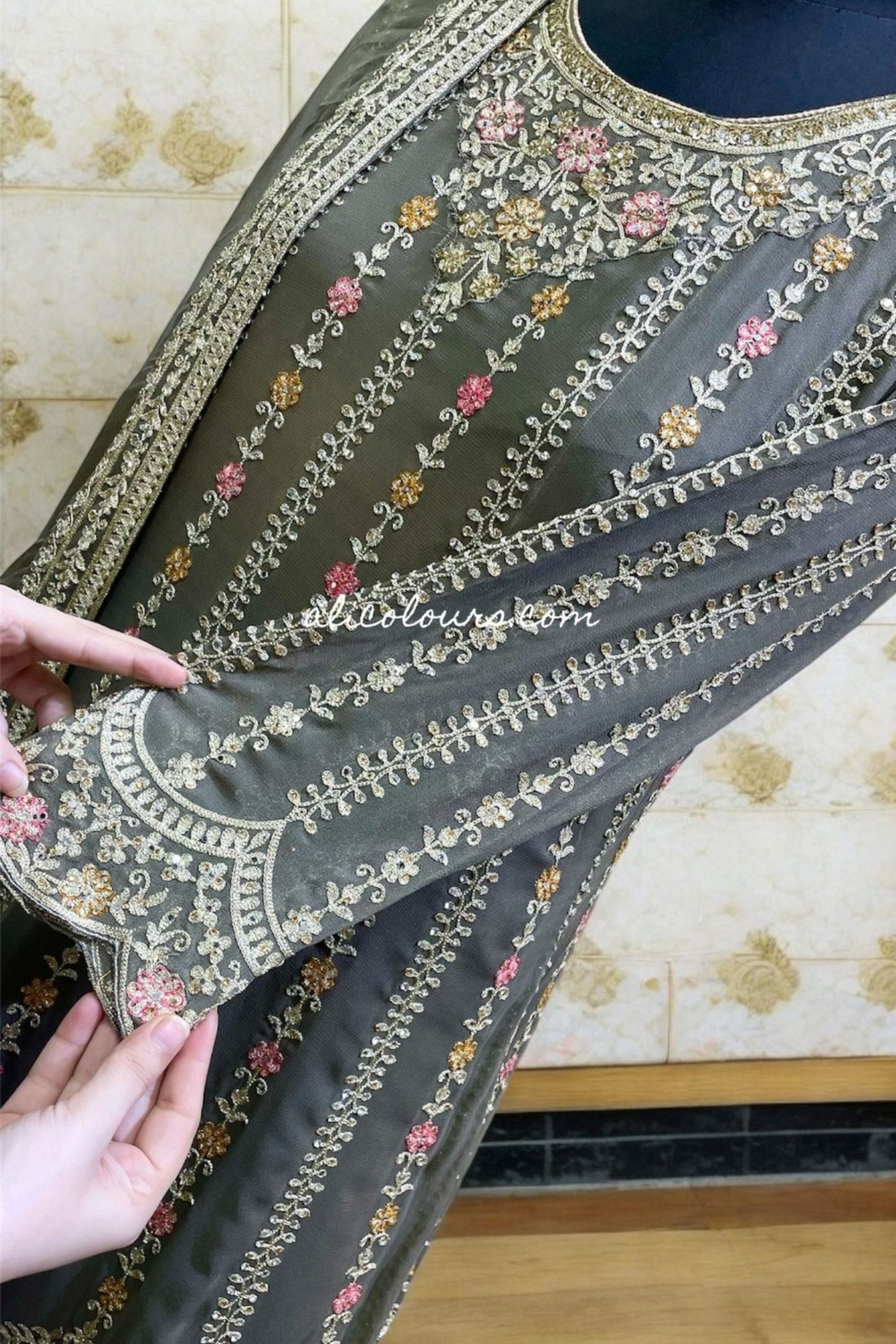 FULLY EMBROIDERED STITCHED BONSAI GREEN LONG GHARARA SET