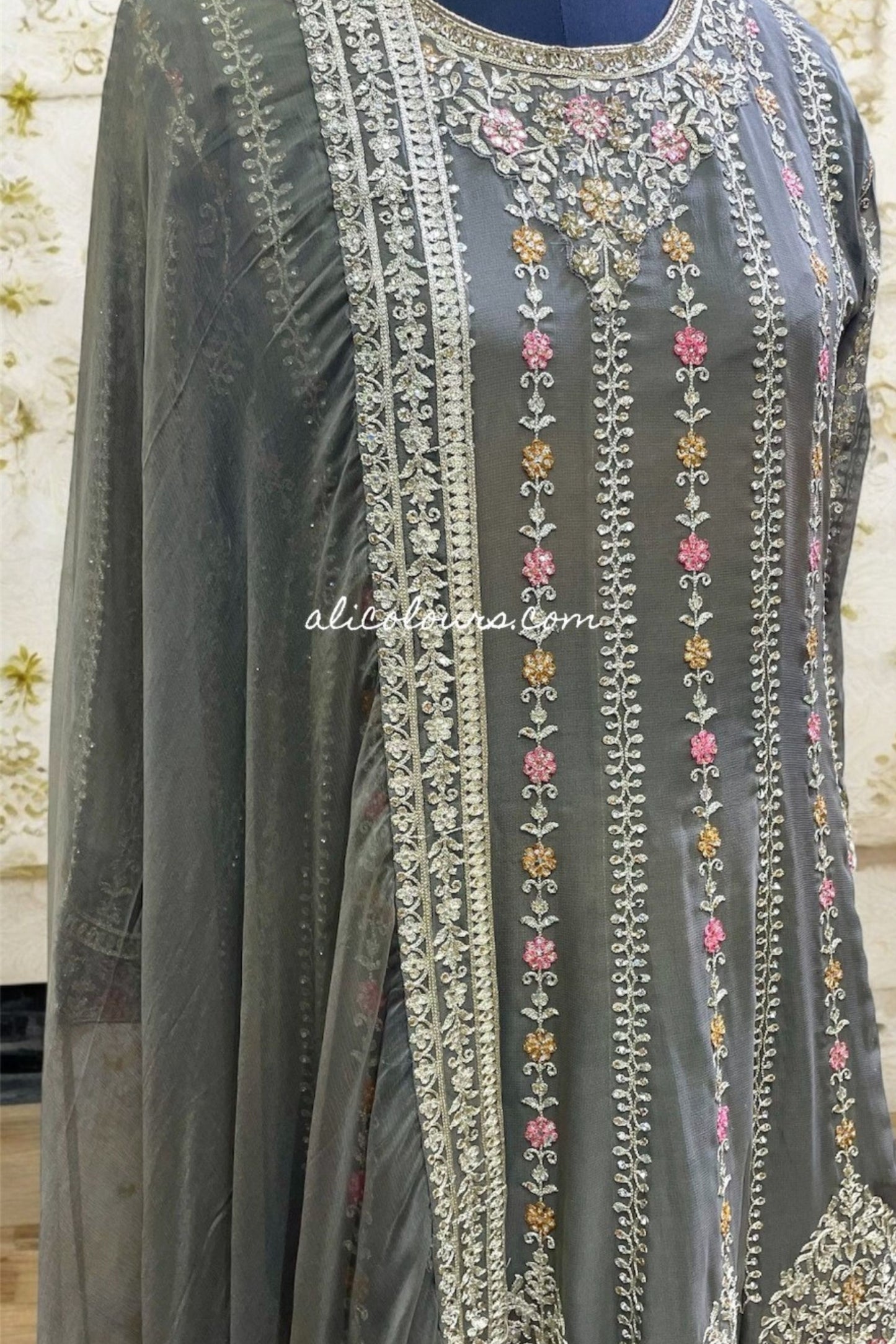FULLY EMBROIDERED STITCHED BONSAI GREEN LONG GHARARA SET