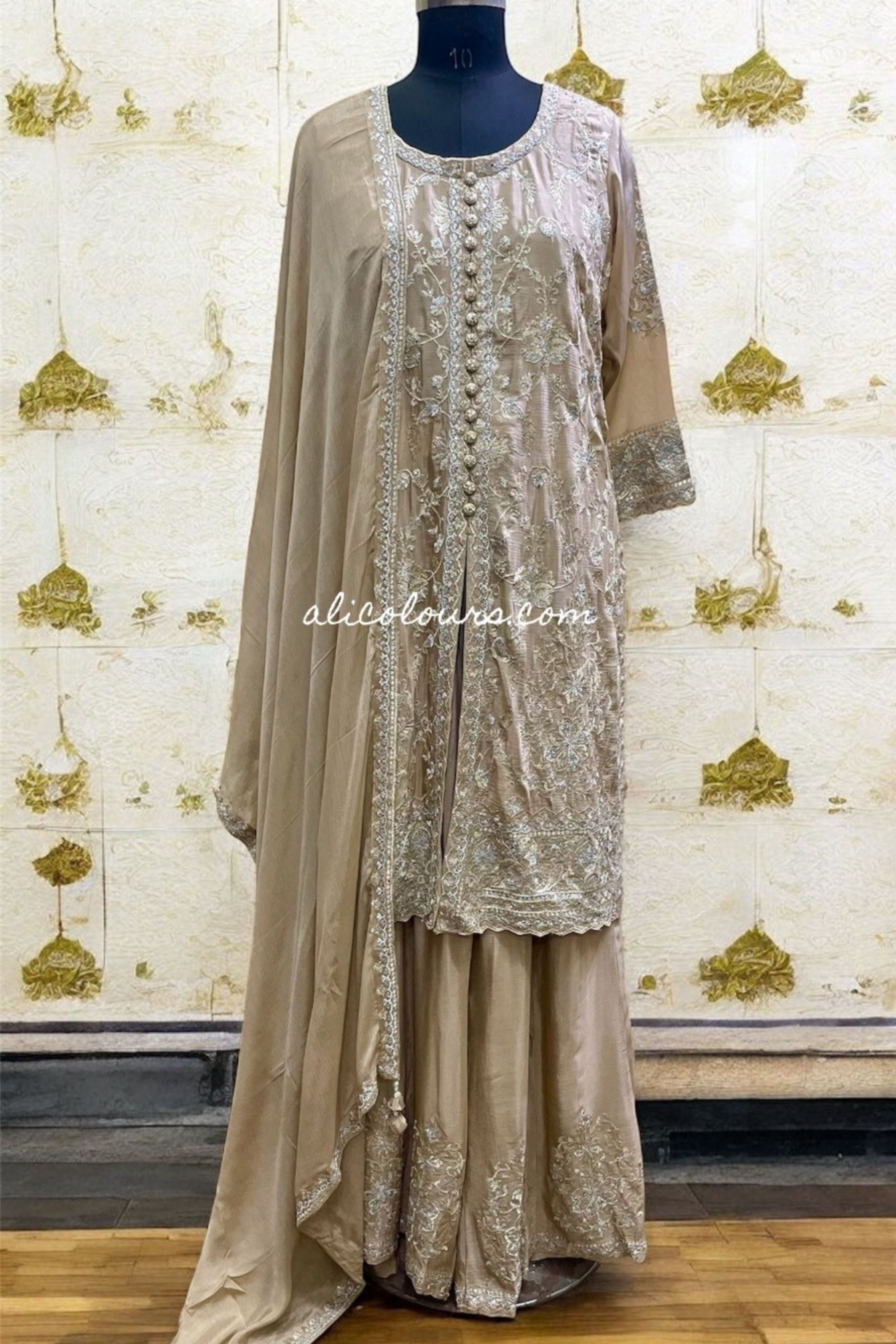 BOUDOIR CREAM FULLY HEAVY EMBROIDERED STITCHED LONG SHARARA SET