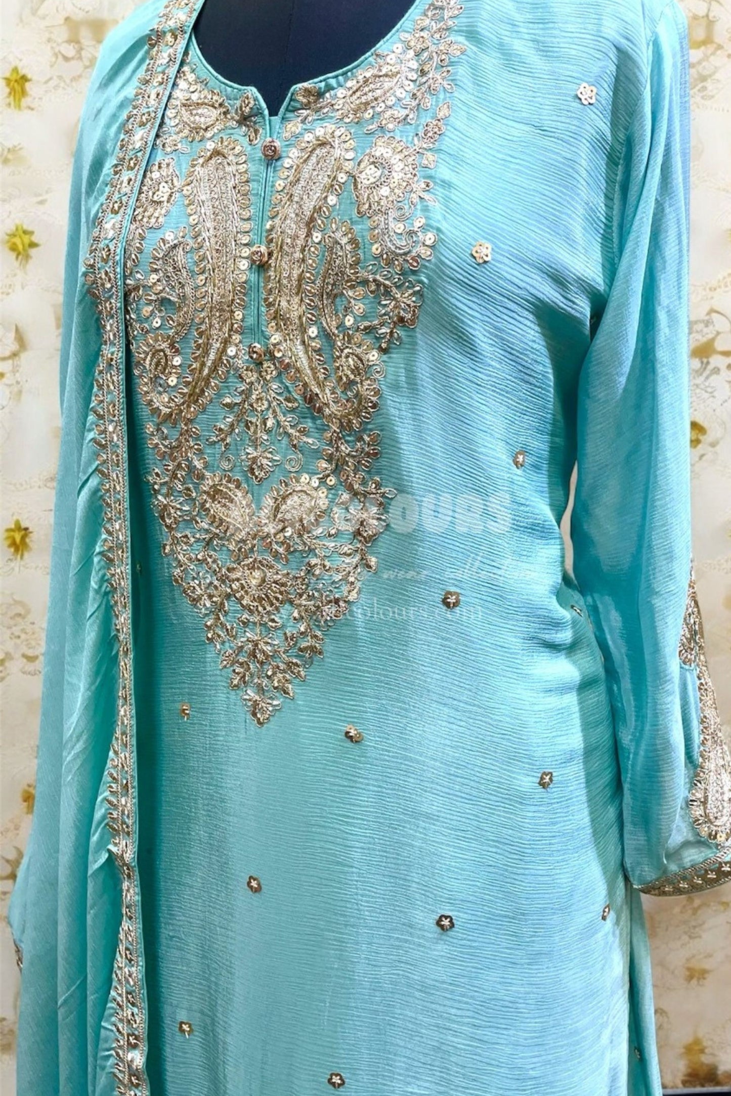 PASTEL BLUE DESIGNER HEAVY EMBROIDERED STITCHED SHARARA SUIT