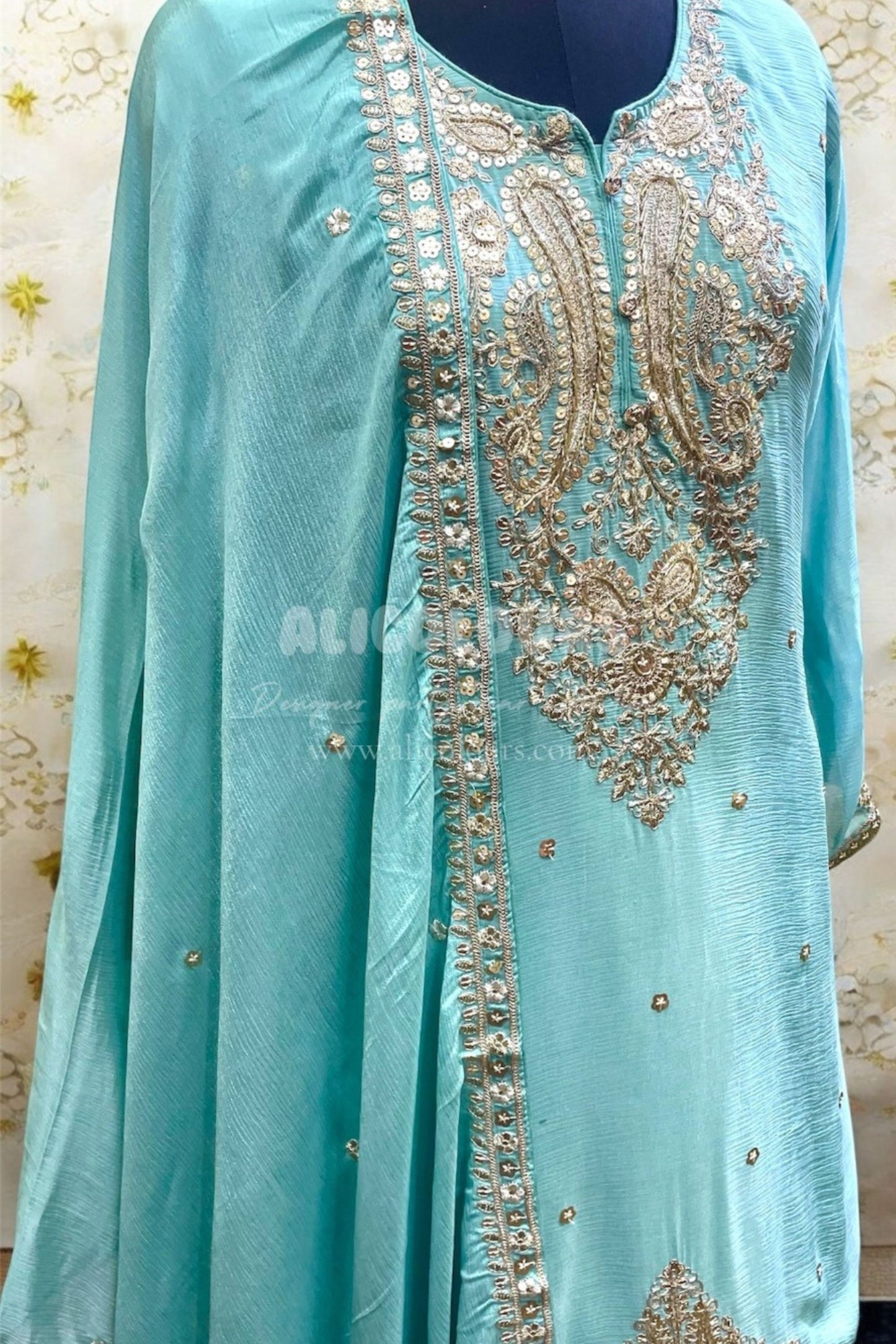 PASTEL BLUE DESIGNER HEAVY EMBROIDERED STITCHED SHARARA SUIT
