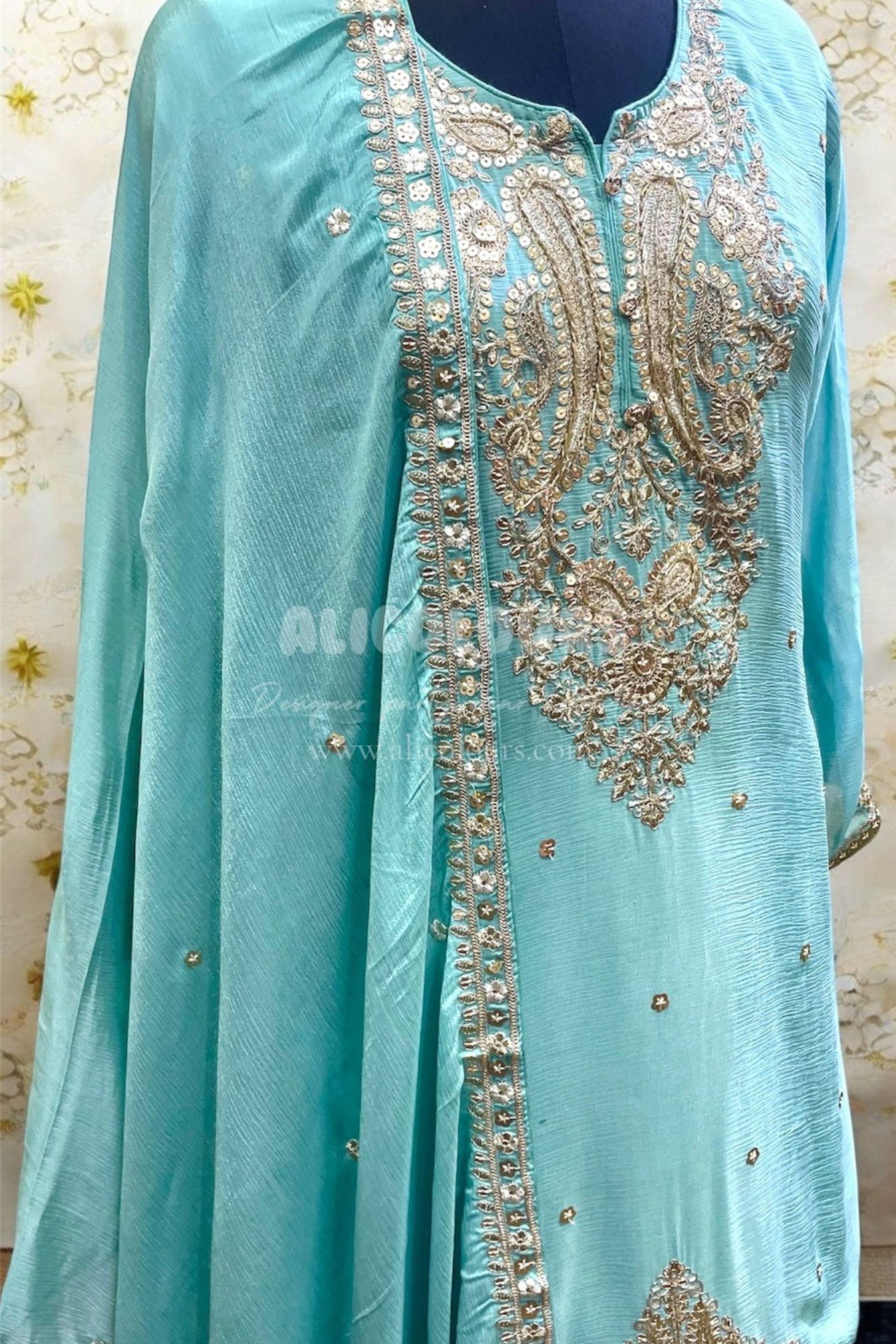 PASTEL BLUE DESIGNER HEAVY EMBROIDERED STITCHED SHARARA SUIT