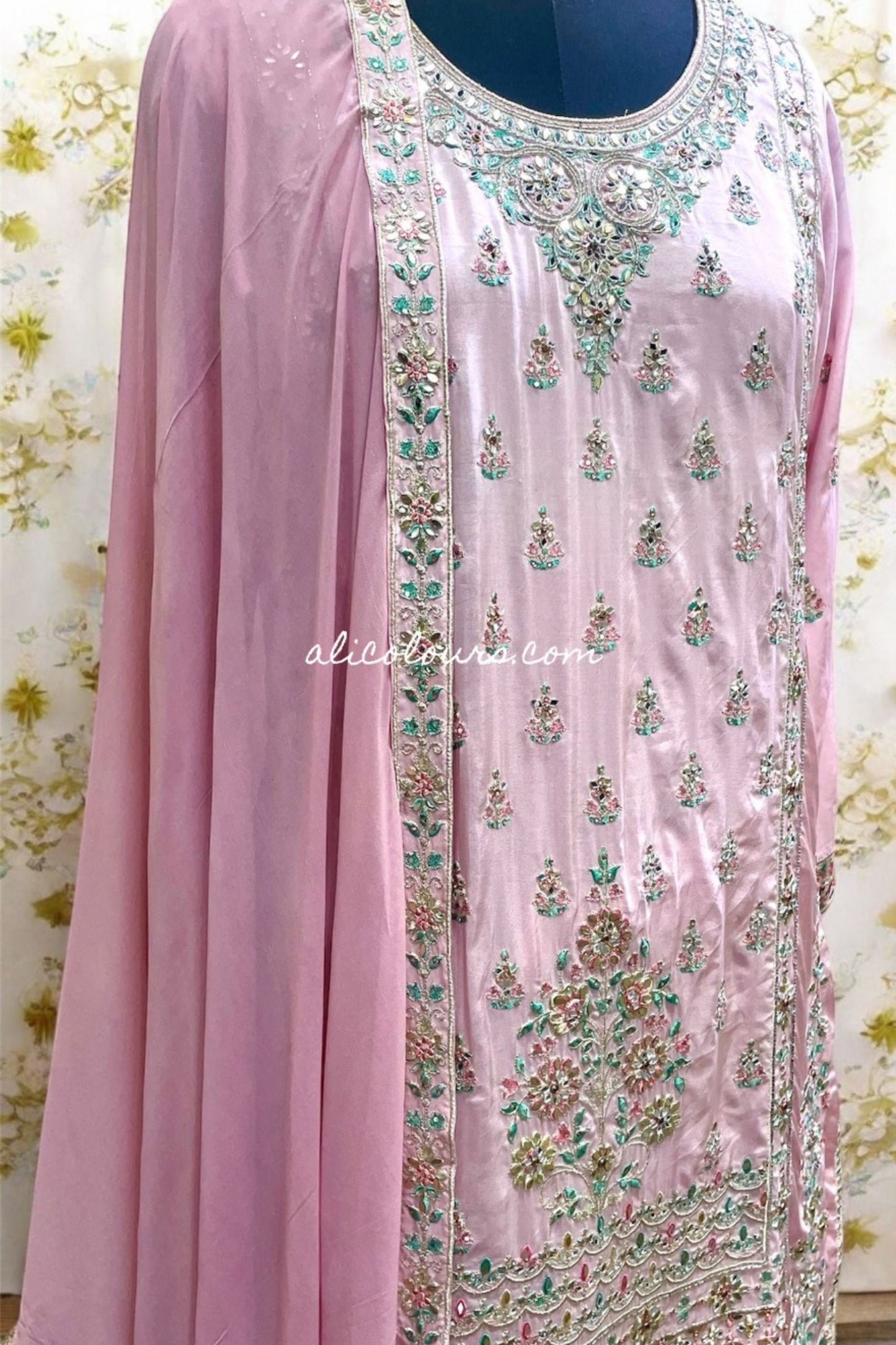 PASTEL PINK FULLY HEAVY EMBROIDERED STITCHED LONG GHARARA SET
